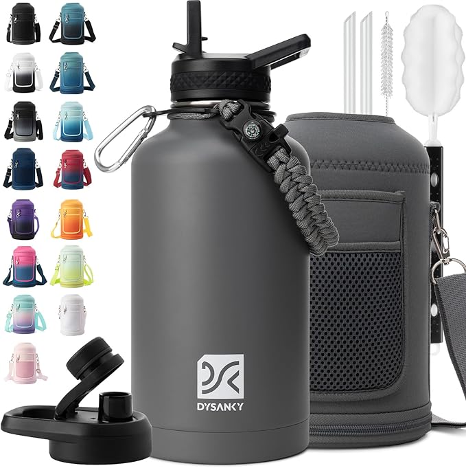 Insulated Water Bottle | Thickened Stainless Steel Vacuum Metal | Portable Sports Half Gallon Large Water Jug for Gym and Hiking with Straw, Carrier Bag, Handle Strap | BPA-Free 64 oz-FlexoryFit