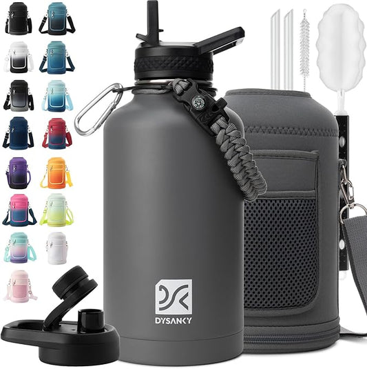 Insulated Water Bottle | Thickened Stainless Steel Vacuum Metal | Portable Sports Half Gallon Large Water Jug for Gym and Hiking with Straw, Carrier Bag, Handle Strap | BPA-Free 64 oz-FlexoryFit