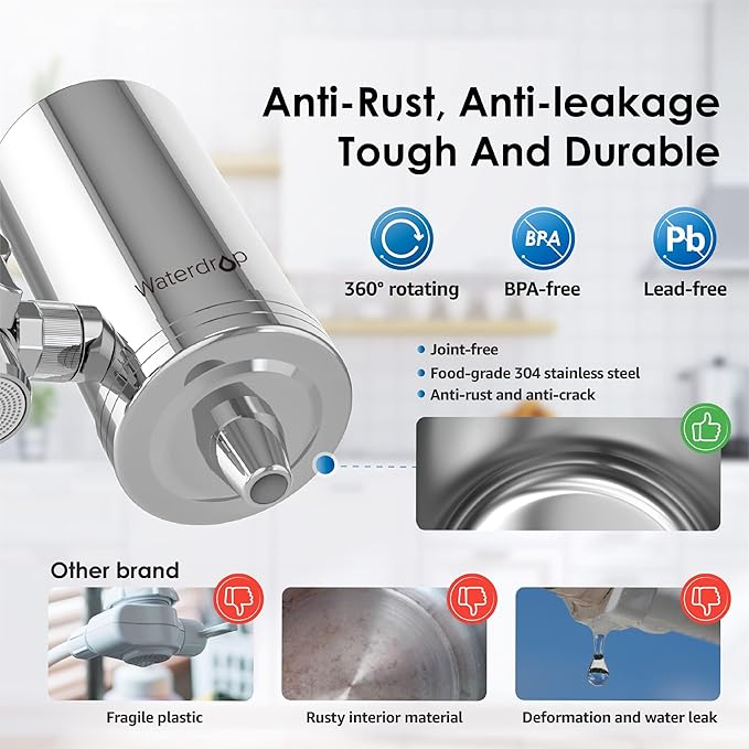 Waterdrop Water Filter for Sink Faucet, 360° Rotating Stainless Steel, NSF Certified Water Purifier for Kitchen Sink, 12 Months Long Lasting Tap Water Filter, Reduce Chlorine, 4 Filters