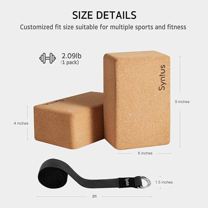 Syntus Yoga Block and Yoga Strap Set, 2 Soft Non-Slip Yoga Blocks 9×6×4 inches, 8FT Metal D-Ring Strap for Yoga, General Fitness, Pilates, Stretching and Toning-FlexoryFit
