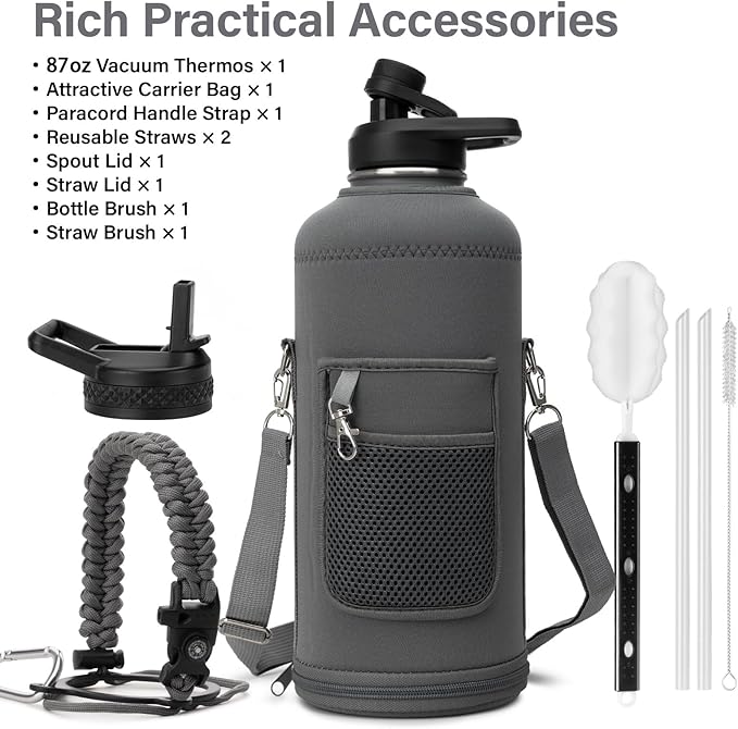Insulated Water Bottle | Thickened Stainless Steel for Gym and Hiking with Straw, Carrier Bag, Handle Strap | BPA-Free 87 oz-FlexoryFit
