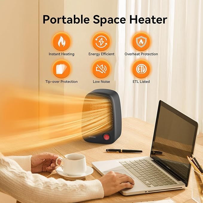 shinic Small Space Heater, 500W Portable Electric PTC Ceramic Heater with Fast Heating, Overheat Protection, Safe and Quiet Personal Heater for Indoor Use, Desk Home Office Bedroom,Black,2 Pack