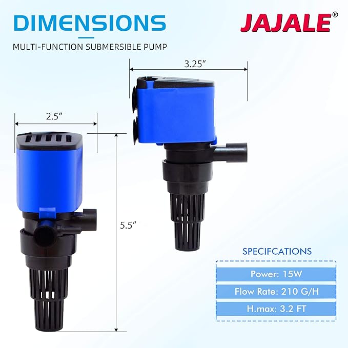 210 GPH Powerhead Submersible Pump - 3 in 1 Aquarium Fish Tank Pump with Oxygenation, Filtration & Water Cycling, 3.3 ft max lift, 15W