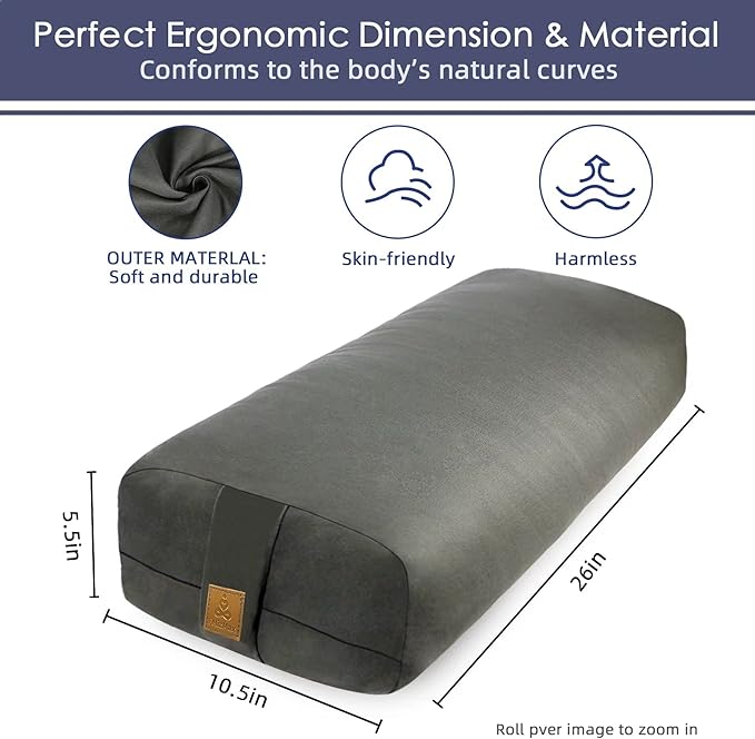 Yoga Bolster (26x10.5x5.5 in) Supportive Yoga Cushion for Restorative Yin Yoga Accessories Rectangular Bolster for Stretching Meditation Pillow 100% Organic Cotton Removable Washable Cover-FlexoryFit
