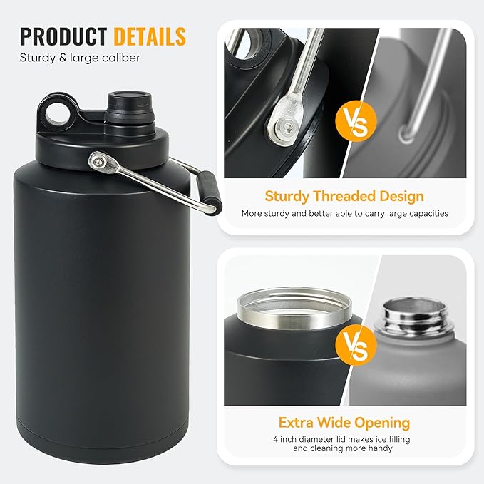Kerilyn Insulated Jug with Handle, One Gallon, 128oz Stainless Steel, Large Double Vacuum Water Bottle for Hot & Cold Drinks, Wide Mouth, Sweat Proof, Great for Travel, Hiking & Camping, Black-FlexoryFit