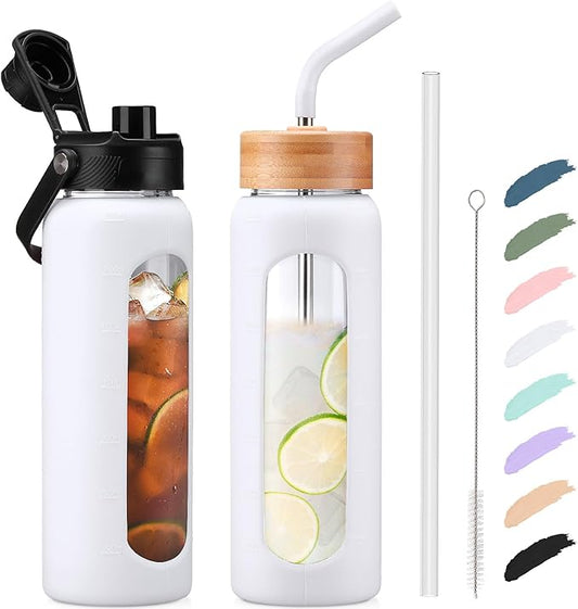 Kodrine Water Bottle with Straw, 24 oz Glass water Bottle with 2 Lids Bamboo Straw Lid and Spout Lid with Handle, 32 oz Clear Water Bottle Glass for Sports Travel, Waterbottle with Time Marker-FlexoryFit