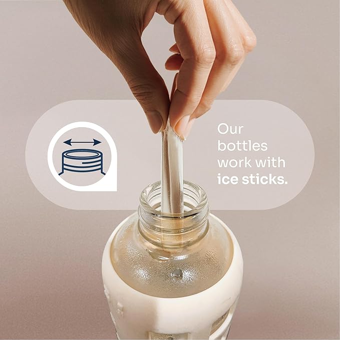 purifyou 40oz / 32oz / 22oz / 12oz Borosilicate Glass Water Bottle with Time & Volume Markers, Silicone Sleeve, Stainless Steel Lid | Reusable Glass Bottle for Water & Juice (32oz Pearled Ivory)