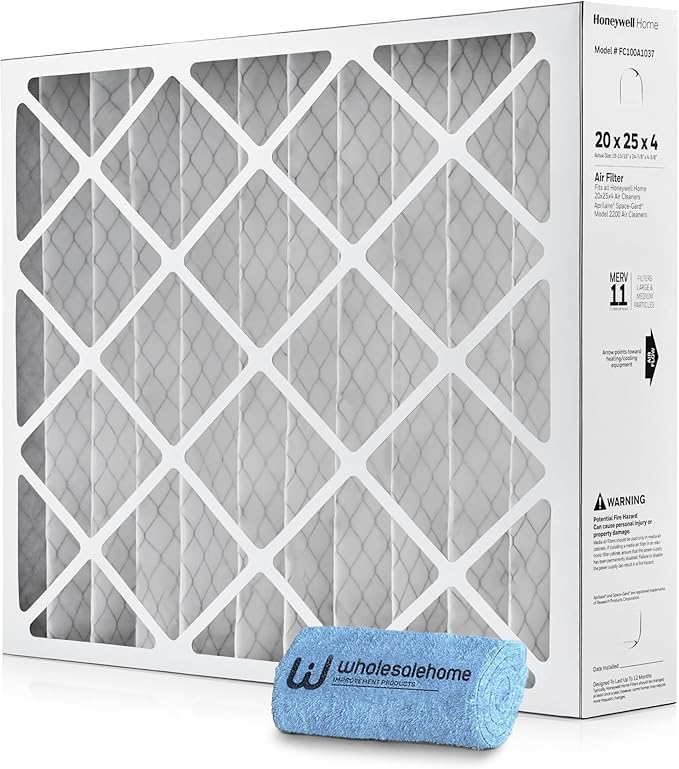 Honeywell 20x25x4 Air Filter Replacement MERV 11, FC100A1037 Pleated HVAC AC Furnace Filters with Wholesalehome Cleaning Cloth, (Actual Size: 19.94 x 24.88 x 4.38 Inches)