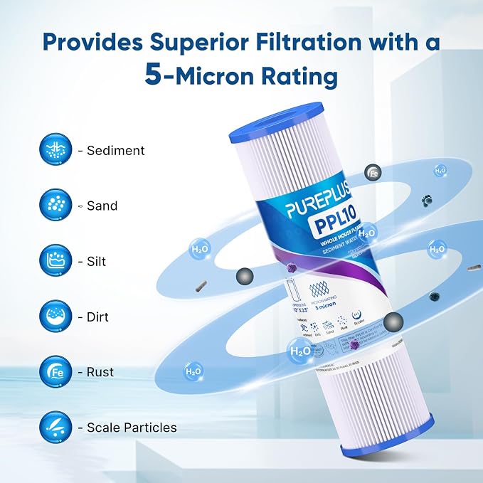 PUREPLUS 5 Micron 10"x2.5" Whole House Pleated Sediment Filter - Image 6