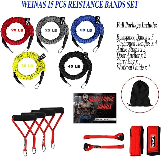 Resistance Bands, 15 Pieces Exercise Elastic Bands Set, 20lbs to 40lbs Resistance Tubes with Heavy Duty Protective Nylon Sleeves Anti-Snap for Fitness SUPALAK-FlexoryFit