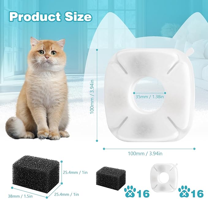 Cat Water Fountain Replacement Filter 32 Packs,16 Pack Filters & 16 Pack Pre-Filter Sponges Set for Pet Dispensers, Keeps Water Clean & Fresh, Compatible with Veken 95oz/67oz/135oz Dog Dispensers