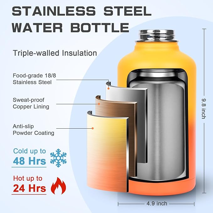 Insulated Water Bottle 64 oz, Half Gallon Water Jug Cold 48H, BPA Free Stainless Steel Bottles with Straw/Chug 2-in-1 Lid, Bag, Paracord Handle, Silicone Boot, Sports Gym School Metal Flask-FlexoryFit