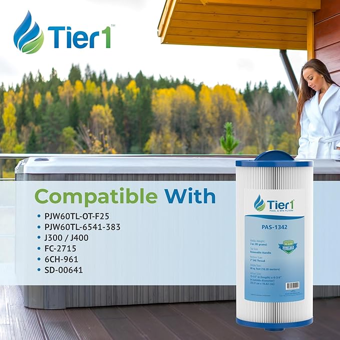 Tier1 Spa Filter Cartridge Replacement for Jacuzzi J300 & J400 | Compatible with 6541-383, PJW60TL-OT-F2S, 6CH-961 | Trilobal Dirt-Lock Fabric | Washable & Reusable | High Flow Hot Tub Filter