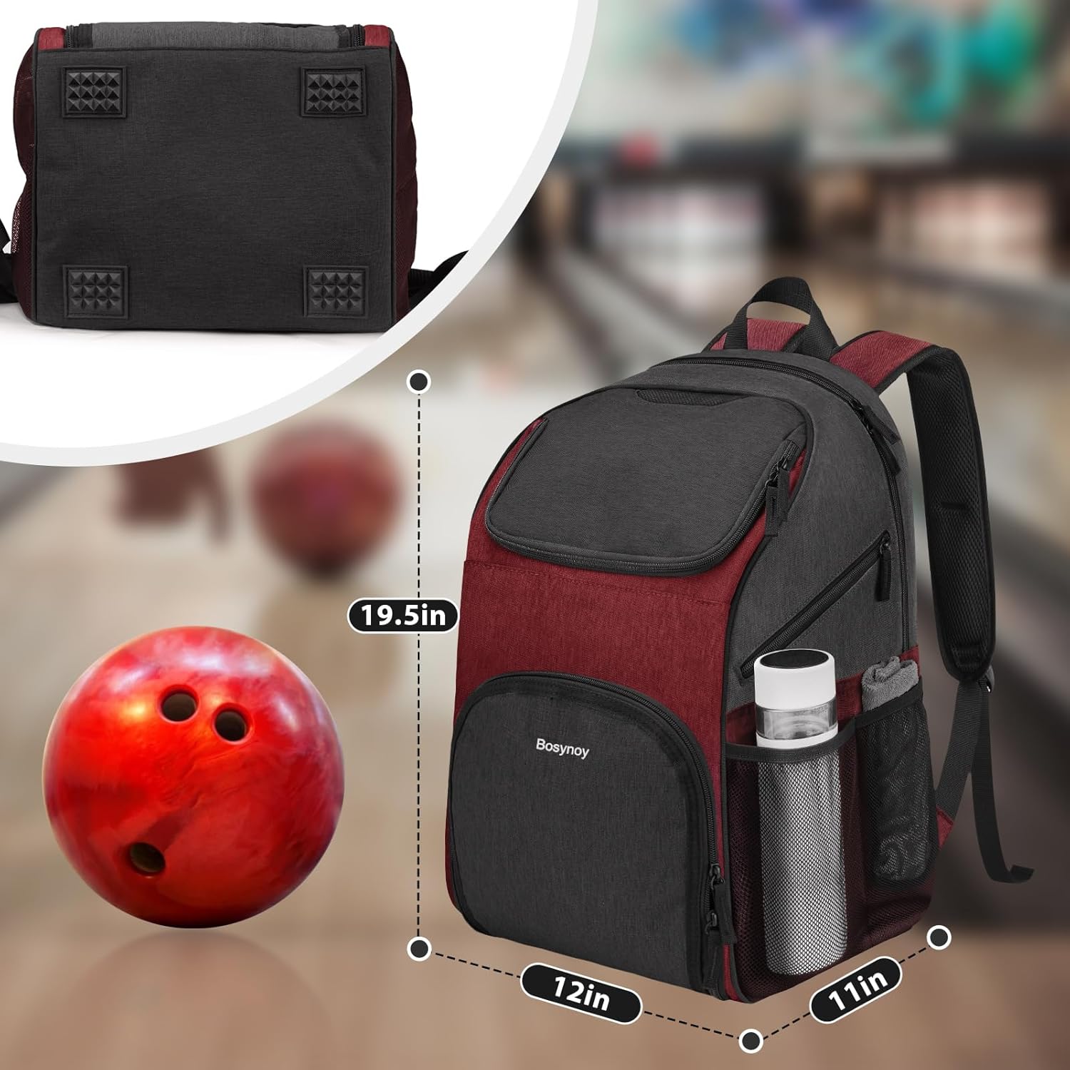 Bosynoy Bowling Backpack, Bowling Ball Bag Totes for Single Ball with Shoe Compartment & Foam Padded, Fits Shoes Up to US Mens Size 16, Grey