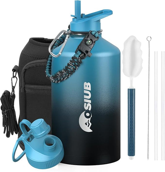 Insulated Water Bottle 128 oz, Triple Wall Vacuum Stainless Steel(Cold for 48 Hrs),Leak Proof & BPA-Free,One Gallon Water Bottle with Reflective Paracord & Flip Straw for Sports & Travel, Indigo-Black-FlexoryFit