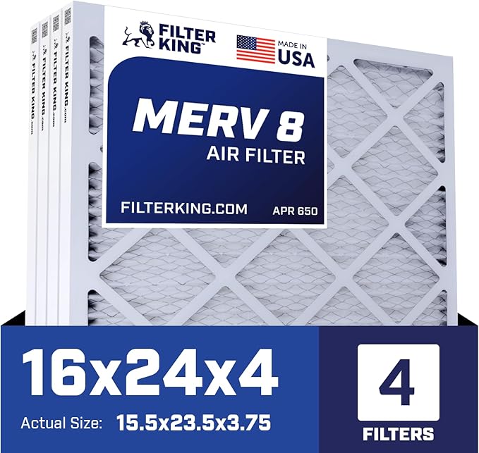 Filter King 16x24x4 Air Filter | 4-PACK | MERV 8 HVAC Pleated A/C Furnace Filters | MADE IN USA | Actual Size: 15.5 x 23.5 x 3.75"