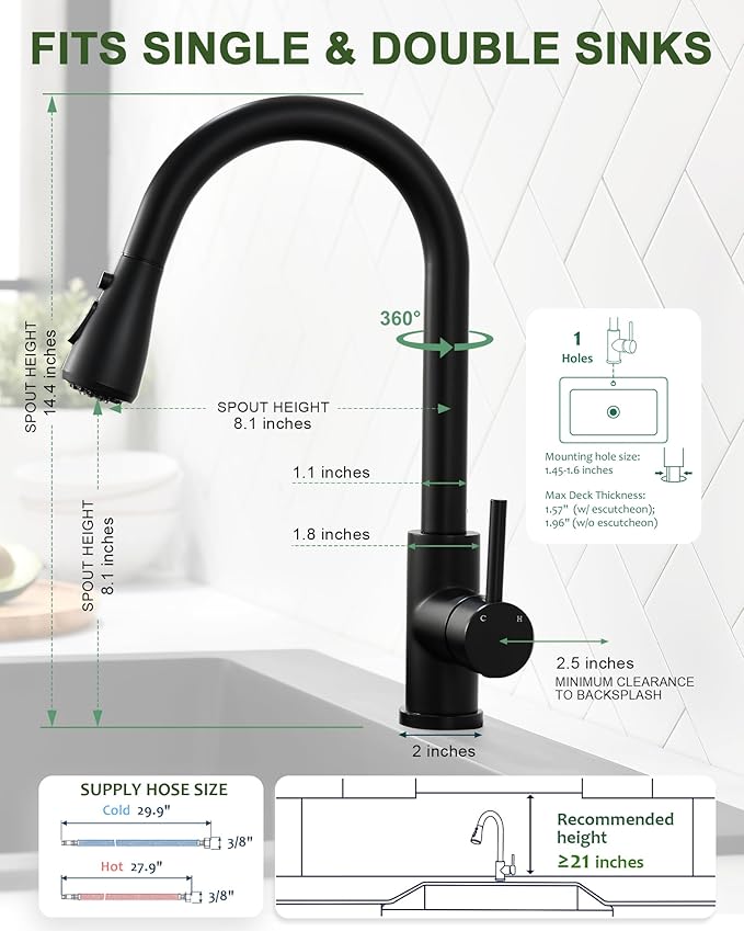 Black Kitchen Faucet with Pull Down Sprayer, VFAUOSIT Industrial Commercial Stainless Steel Single Handle Single Hole 3 Hole RV Laundry Pull Down Pull Out Gooseneck Kitchen Sink Faucets Matte Black