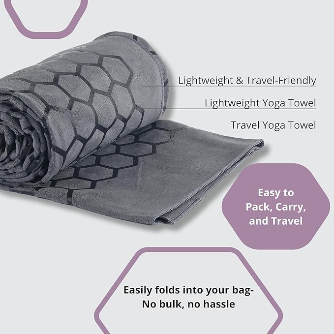 Clever Yoga Non-Slip Hot Yoga Towel – Non-Slip Grip for Hot Yoga, Sweat Absorbent, Honeycomb Silicone Grip, Stays Flat – Ideal for Pilates, Travel, Washable & Lightweight - Gray-FlexoryFit