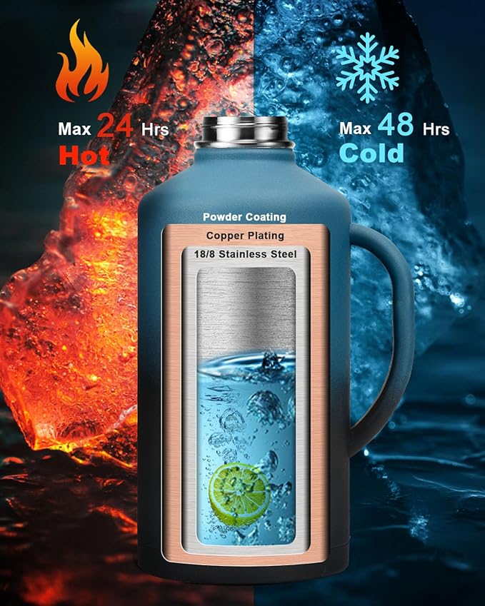 128 oz Stainless Steel Water Bottle with Handle and Carry Pouch, One Gallon Insulated Mug Tumbler with Straw Lid Spout Lid,Reusable Metal Water Bottle Jug Flask Cup,Keep Cold & Hot,Indigo Black-FlexoryFit