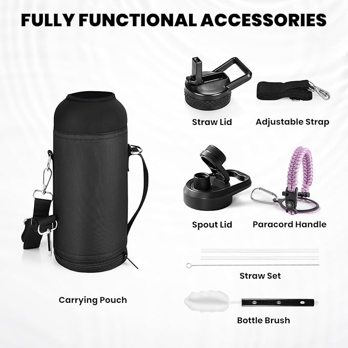 Insulated Water Bottle 40 oz, Triple Wall Vacuum Stainless Steel (Cold for 48 Hrs), Leak Proof & Non-BPA, Modern Water Flask Jug with Paracord Handle & Straw Spout Lids, Lilac-FlexoryFit