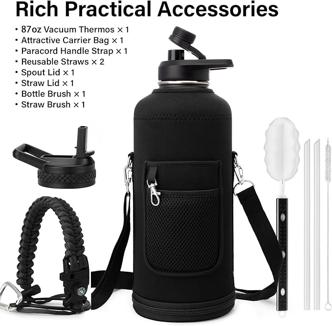 Insulated Water Bottle | Thickened Stainless Steel for Gym and Hiking with Straw, Carrier Bag, Handle Strap | BPA-Free 87 oz-FlexoryFit