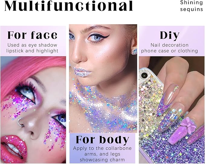 2 Colors Roll-on Body Glitter Gel, Holographic Glitter Gel Under Light for Face Hair, Body Shimmer for Rave Accessories Christmas New Year Halloween Makeup (11+12)-FlexoryFit