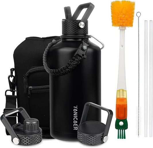 Insulated Water Bottle 64oz,Triple Wall Vacuum Stainless Steel(Dishwasher Safe),Leak Proof & Non-BPA,Flask Jug with Paracord Handle & Straw Spout Lids Sports-FlexoryFit