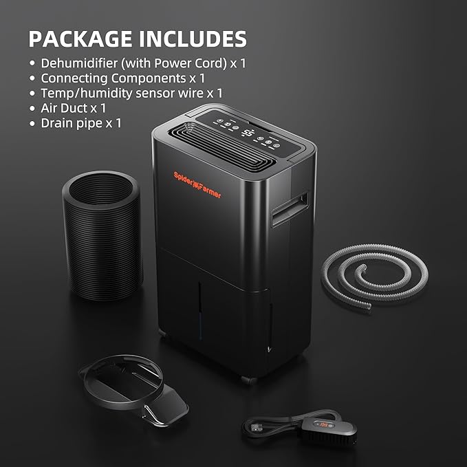 Spider Farmer Upgraded Dehumidifier with Drain Hose 2000 Sq.Ft.Dehumidifier with Smart Humidity Control Display, Air Duct, 24-Hour Timer, Provides Powerful Dehumidification for Grow Tent and Home