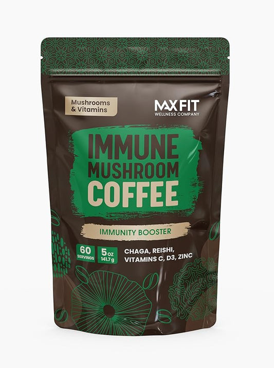 Immunity Mushroom Coffee (60 Servings) Mental Focus Plus Wellness Boost for Immune System Support - Chaga, Reishi & Vitamins C, D3, and Zinc, Mixed with Gourmet 100% Arabica Instant Coffee-FlexoryFit