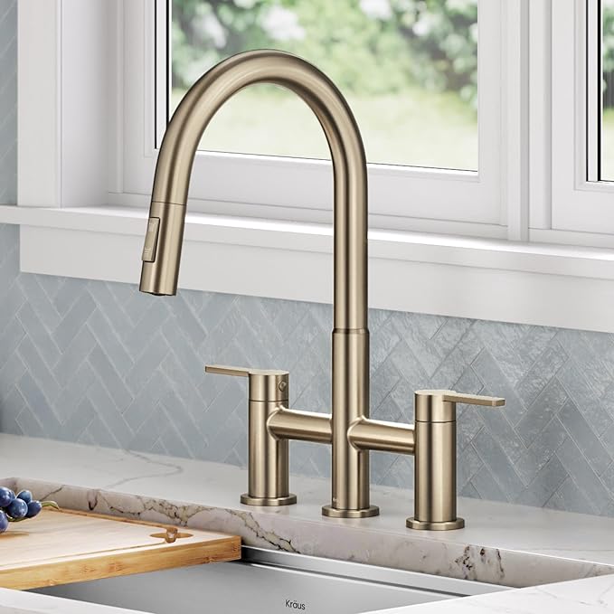 KRAUS Oletto Bridge Kitchen Faucet with Pull-Down Sprayhead in Spot-Free Antique Champagne Bronze, KPF-3122SFACB