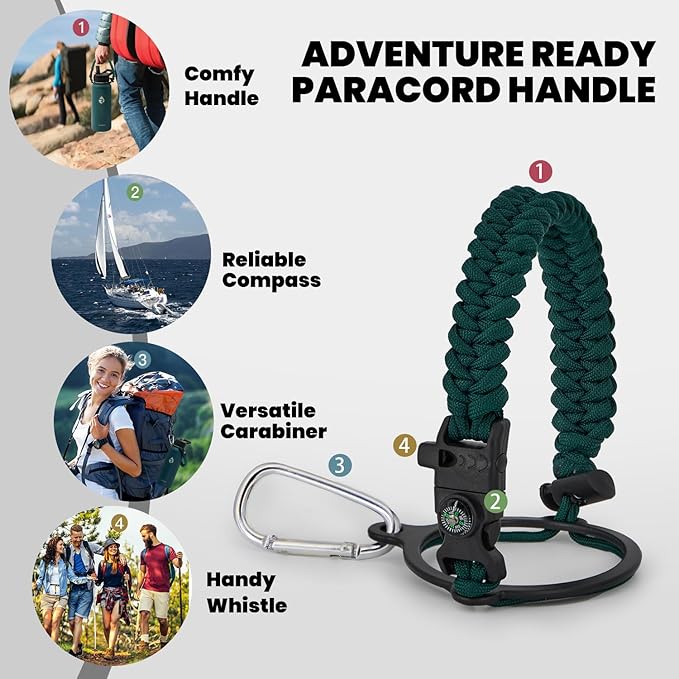 Insulated Water Bottle 32 oz, Triple Wall Vacuum Stainless Steel (Cold for 48 Hrs), Leak Proof & Non-BPA, Modern Water Flask Jug with Paracord Handle & Straw Spout Lids, Dark Green-FlexoryFit