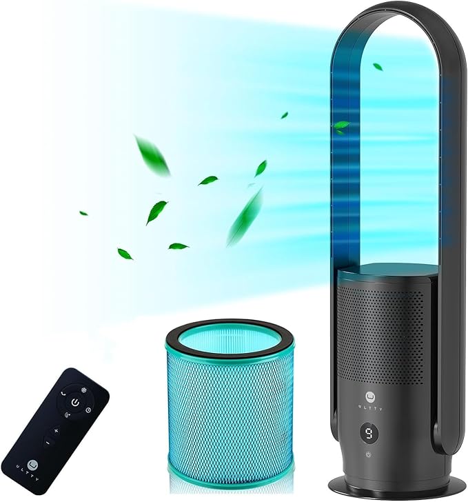 U ULTTY Bladeless Tower Fan and Air Purifier in one, True HEPA Filter 99.97% Smoke Dust Pollen Dander, Oscillating Tower Fan with Remote Control CR022D, Black