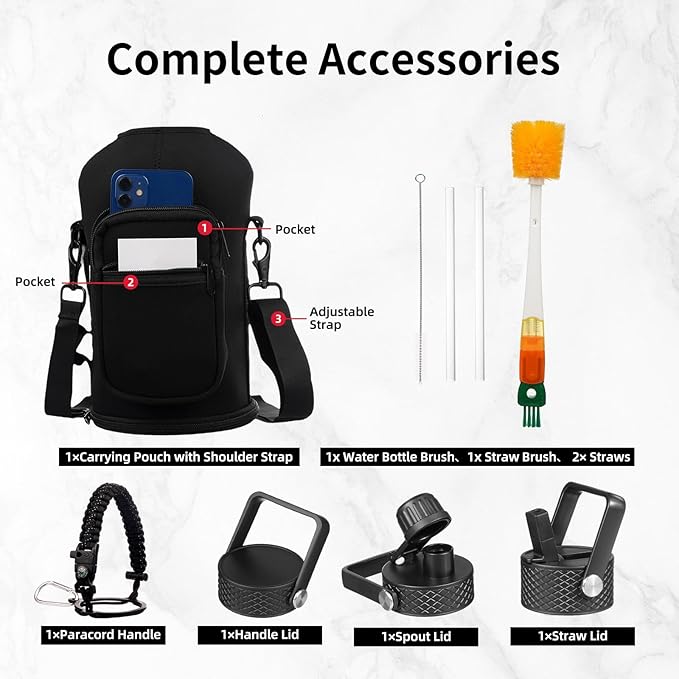 Insulated Water Bottle 64oz,Triple Wall Vacuum Stainless Steel(Dishwasher Safe),Leak Proof & Non-BPA,Flask Jug with Paracord Handle & Straw Spout Lids Sports-FlexoryFit