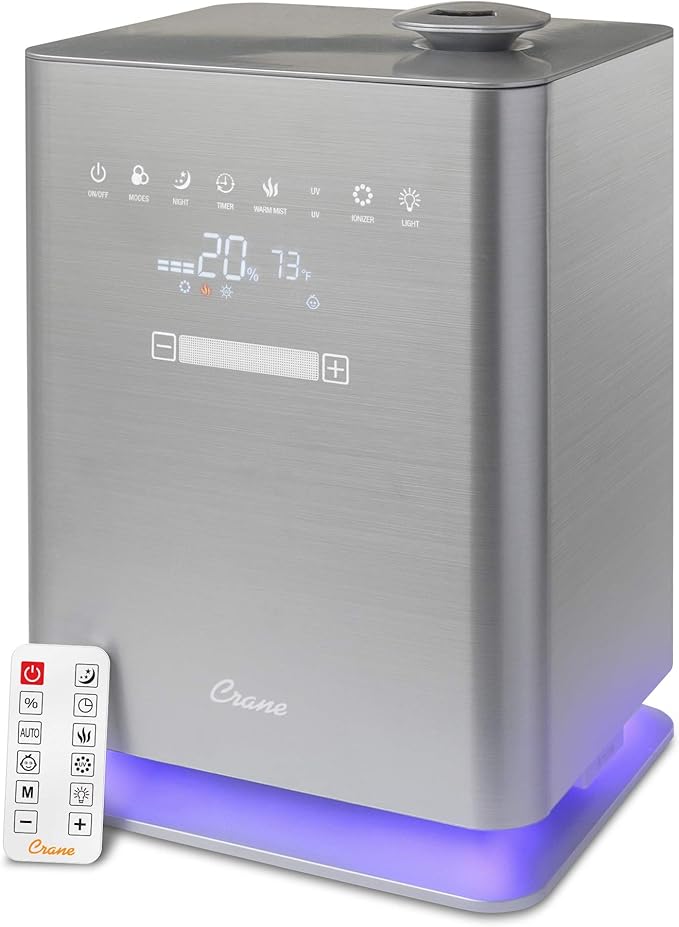 Crane Ultrasonic Warm & Cool Mist Air Humidifier for Bedroom, Top Fill, UV Light, 1.2 Gallon Tank, 500 Sq Ft Coverage, With Remote, Grey