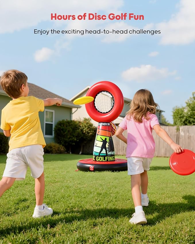 QPAU Inflatable Disc Golf Set for Kids Family Fun, Portable Outdoor Yard Games Set With 4 Frisbee Discs & Pump, Kids Toys for Golf Practice, Backyard Camping Lawn Pitching Games - Ideal Teen Boy Gifts