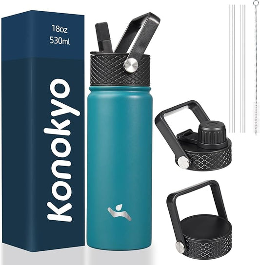 18 oz Insulated Water Bottle Stainless Steel Sport Bottles with 3 Lids,Light Blue-FlexoryFit