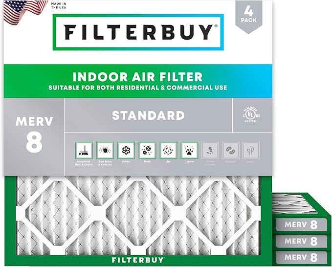 Filterbuy 11.25x11.25x1 Air Filter MERV 8 (MPR 700) Dust Defense Replacement (4-Pack), Electrostatic Pleated HVAC AC Furnace Filters, Made in USA (Actual Size: 11.25 x 11.25 x 0.75)
