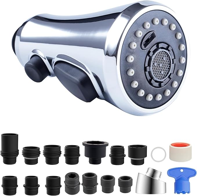 Hibbent Pull Down Spray Head for Kitchen Faucet, 3-Function Kitchen Sink Spray Nozzle with 15 Adapters, Faucet Head Replacement Compatible with Moen, American Standard, Delta, Kohler Faucets, Chrome