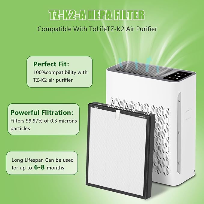 TZ-K2 Replacement Filter Compatible with ToLife TZ-K2 Air Purifier, 3-in-1 Ture H13 HEPA High-Efficiency Activated Carbon TZ-K2-A Filter for Home Large Room, 2 Pack