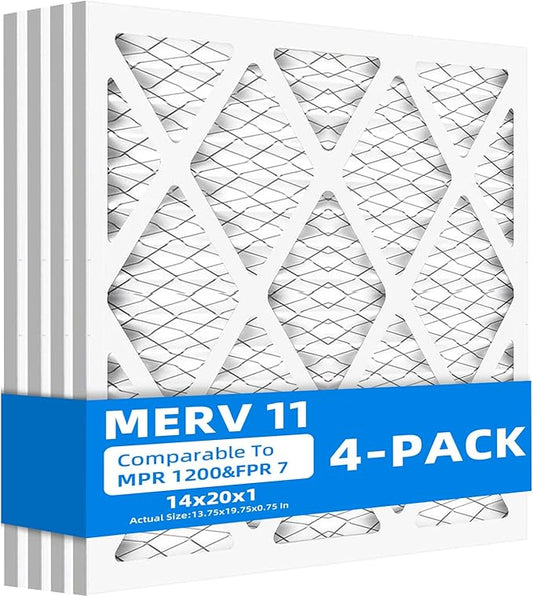 (4 Pack) 14x20x1 Furnace Air Filters, MPR 1200 & FPR 7, MERV 11 Pleated Air Filter (Actual Size: 13.75"x19.75"x0.75")