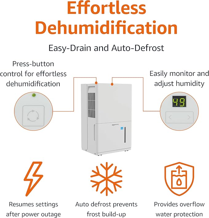 Amazon Basics Large Dehumidifier for Rooms, Energy Star Certified, Effectively Reduces Humidity, Timer, Auto-Defrost, Overflow Protection, up to 2500 SFT, 35 Pint, White