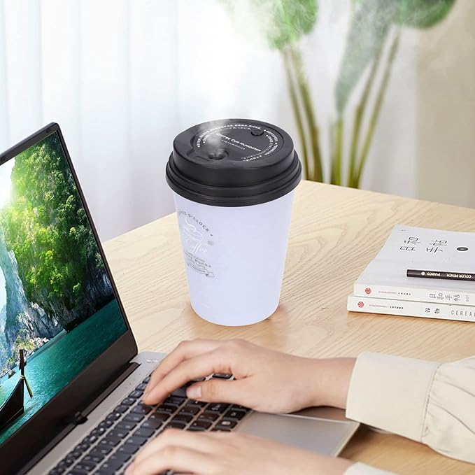 Mini Humidifier, USB 300ml Coffee Cup Low Noise Auto Off Desk Humidifier, Car Humidifier Diffuser, Small Humidifier, Portable Humidifier for Travel, Cute Humidifiers for Bedroom Home Office(Purple)