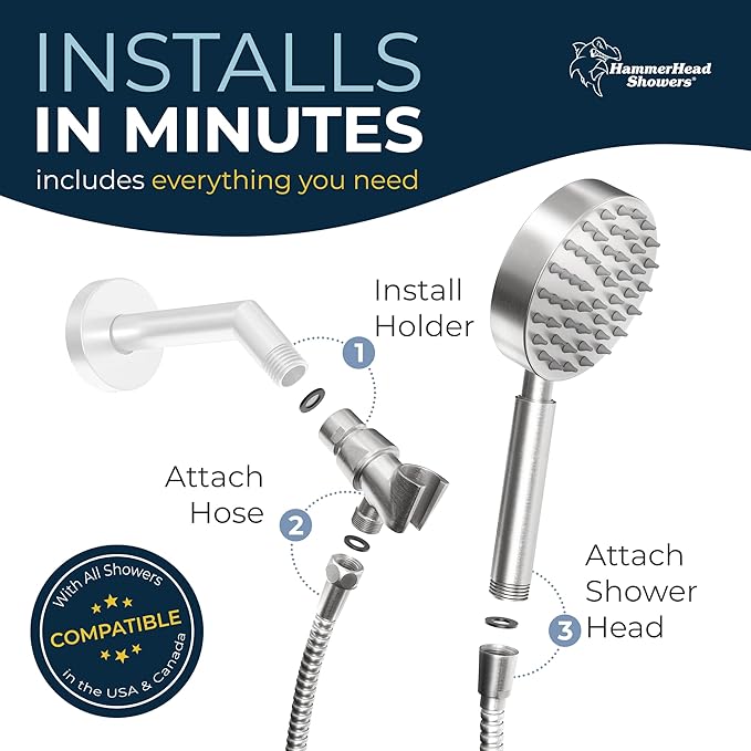 HammerHead Showers® Solid Metal LOW FLOW Handheld Shower Head with Hose and Brass Holder - BRUSHED NICKEL – Water Saving 1.75 GPM Detachable Shower Head - Adjustable Shower Wand Bracket & 6ft Hose
