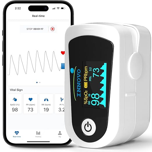 Innovo FSA/HSA Eligible iP900BP-B Fingertip Pulse Oximeter, Blood Oxygen Monitor with Free App, Plethysmograph, and Perfusion Index (with Bluetooth)-FlexoryFit