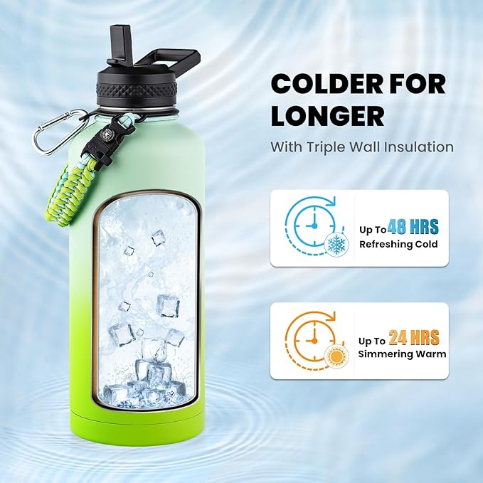 Insulated Water Bottle 87 oz, Triple Wall Vacuum Stainless Steel (Cold for 48 Hrs), Leak Proof & Non-BPA, Modern Water Flask Jug with Paracord Handle & Straw Spout Lids, Ombre Green-FlexoryFit