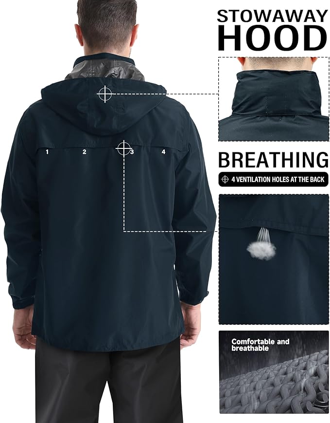 iCreek Men's Rain Jacket Lightweight Waterproof Packable Rain Shell Jacket Raincoat with Hood Windbreaker for Cycling, Golf-FlexoryFit