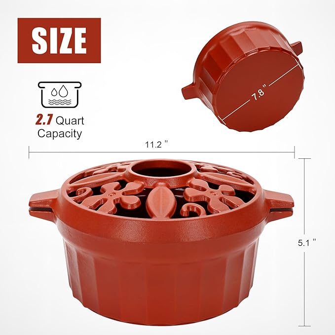 G GOOD GAIN Wood Stove Steamer - Cast Iron Round Bowl Fire Place Stove Humidifier Pot with Large Opening Top for Home Heating Decorative | Matte Finish & 2.7 Quart, OrangeRed