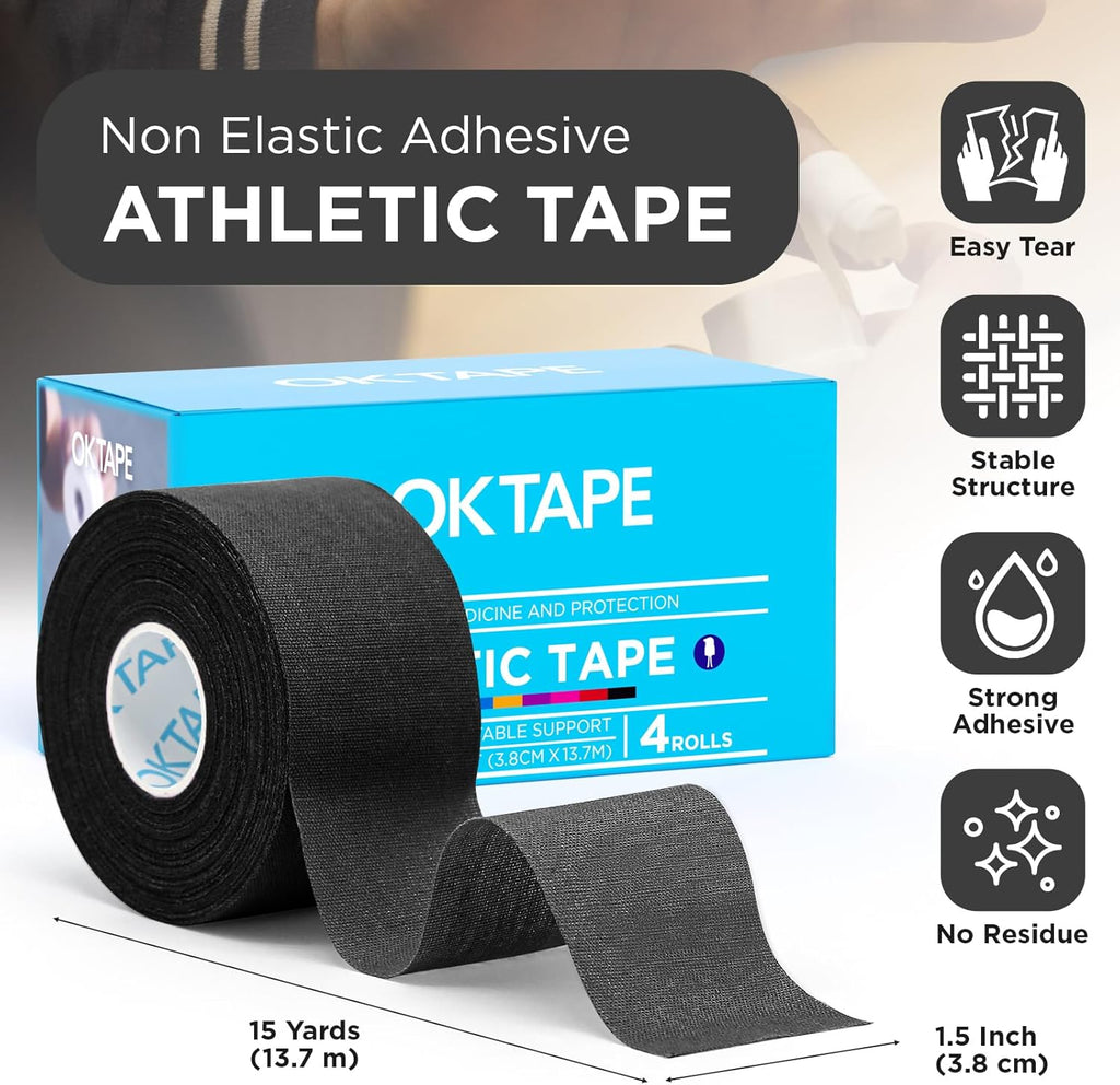 OK TAPE 4 Rolls Black Athletic Tape, Sports Tape, Very Strong Easy Tear Wrist Ankle Tape, No Sticky Residue | Athletes, Medical, Athletic Trainers- 1.5inch x 15yards