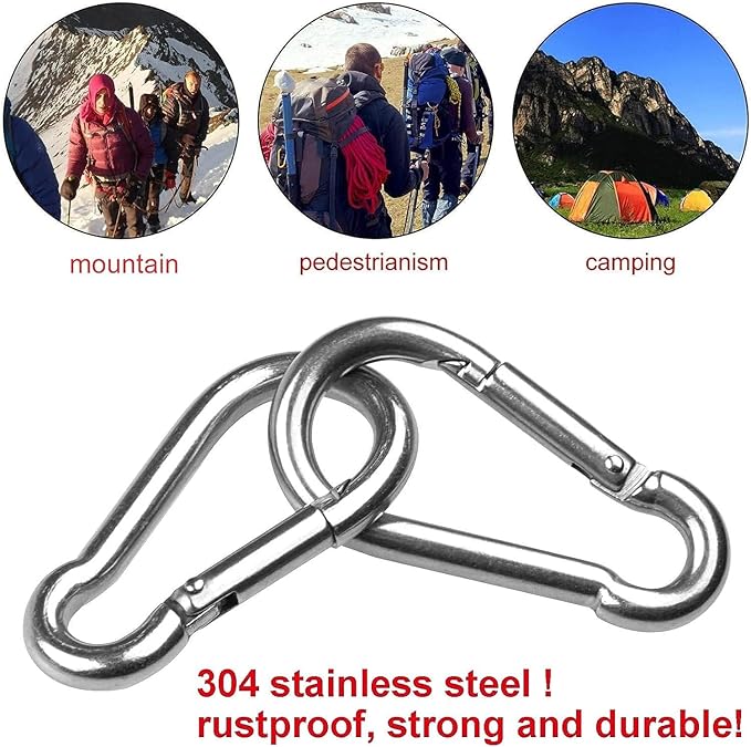 Stainless Steel Spring Snap Hook Carabiner M6 M8 M10 Heavy Duty Carabiner Clip Spring Clips Keychain 5/16 Inch Quick Links for Backpack, Hammocks, Camping, Swing(16/30/10PCS)