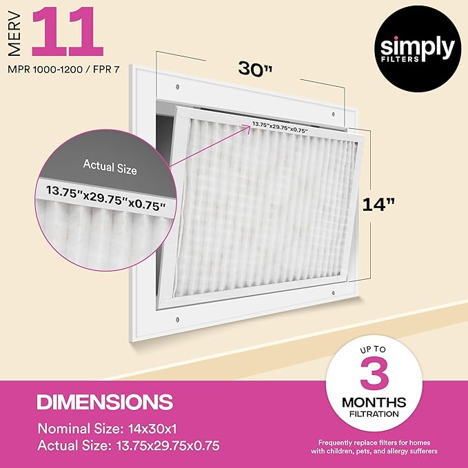 Simply 14x30x1 Air Filter, MERV 11, MPR 1000, 6 Pack, For Home AC Furnace & HVAC (Actual Size: 13.75"x29.75"x0.75") DUST, Pet, & Allergy Control
